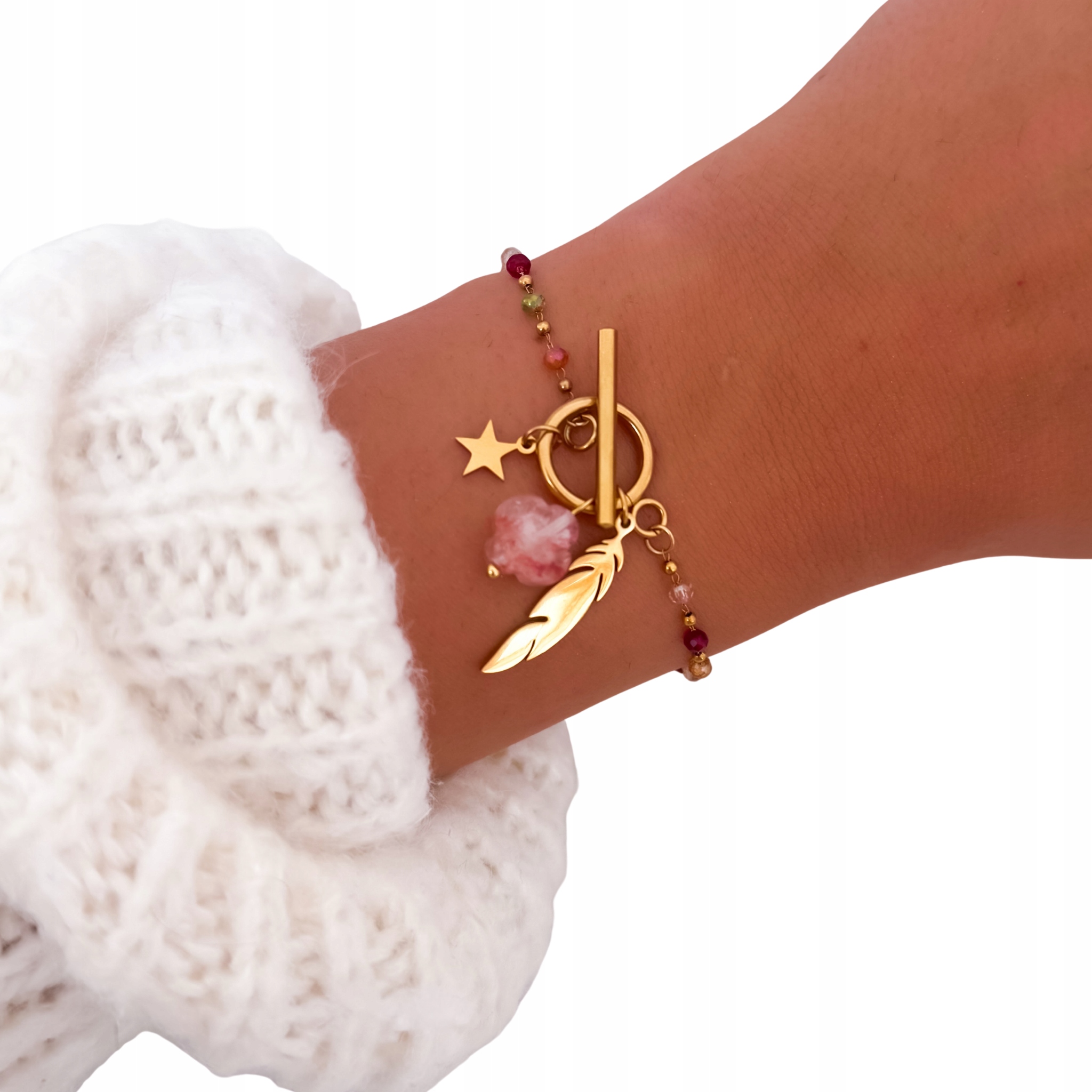 złota bransoletka z kamieniem słonecznym piórko stal koraliki boho dla niej