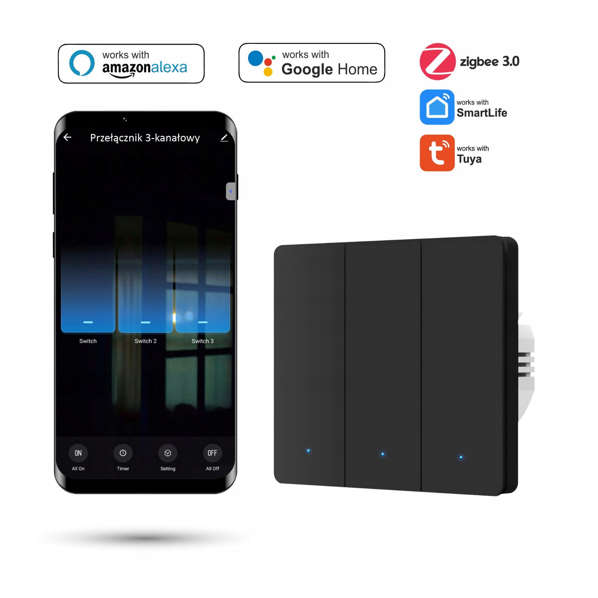 Przełącznik ścienny Zigbee Tuya 3-kanałowy Czarny