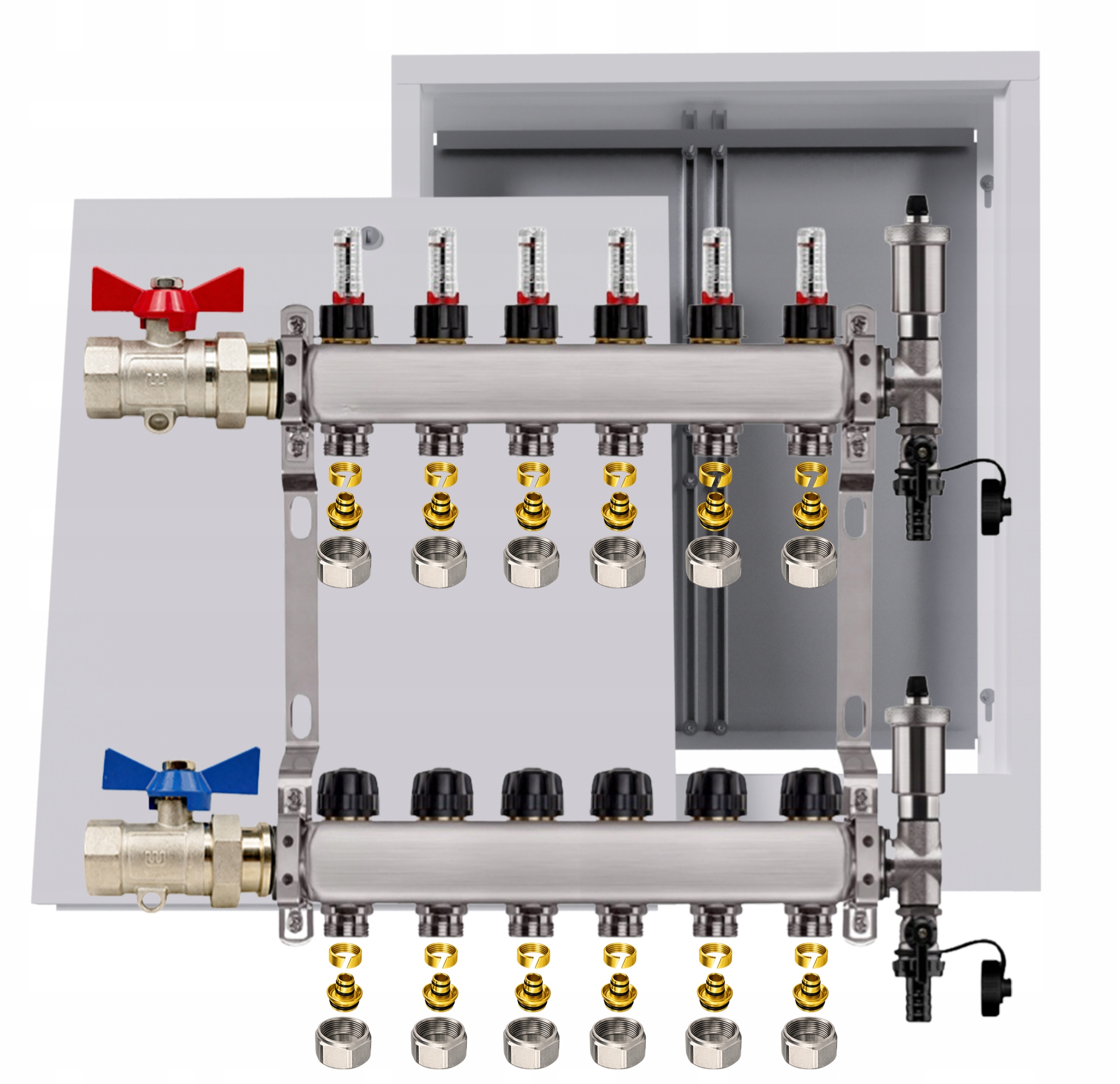 Nerezový rozdělovač pro podlahu 6 okruhů nástěnná skříňka Pex