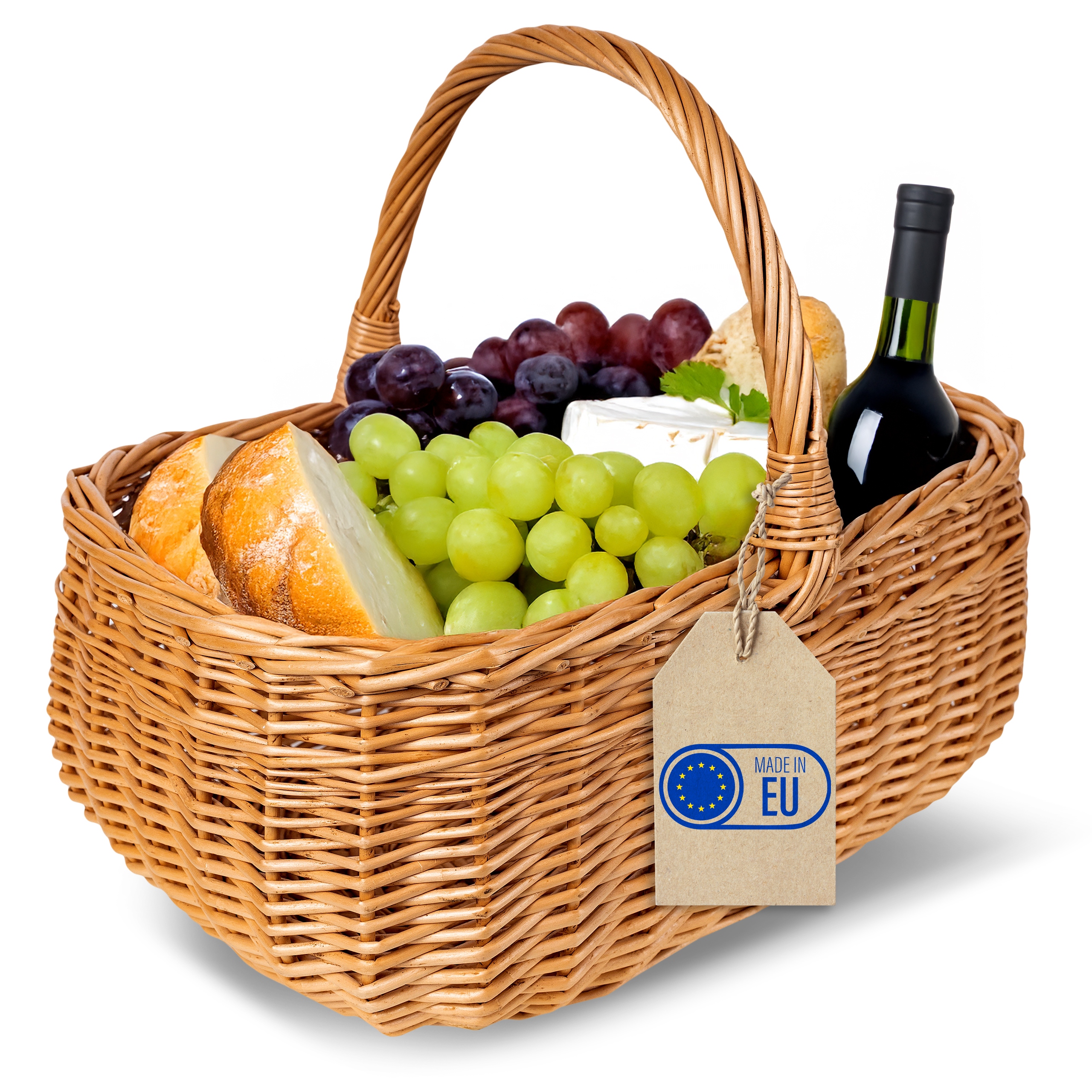 Proutěný koš s rukojetí, velký piknikový nákupní košík, ovoce, zelenina