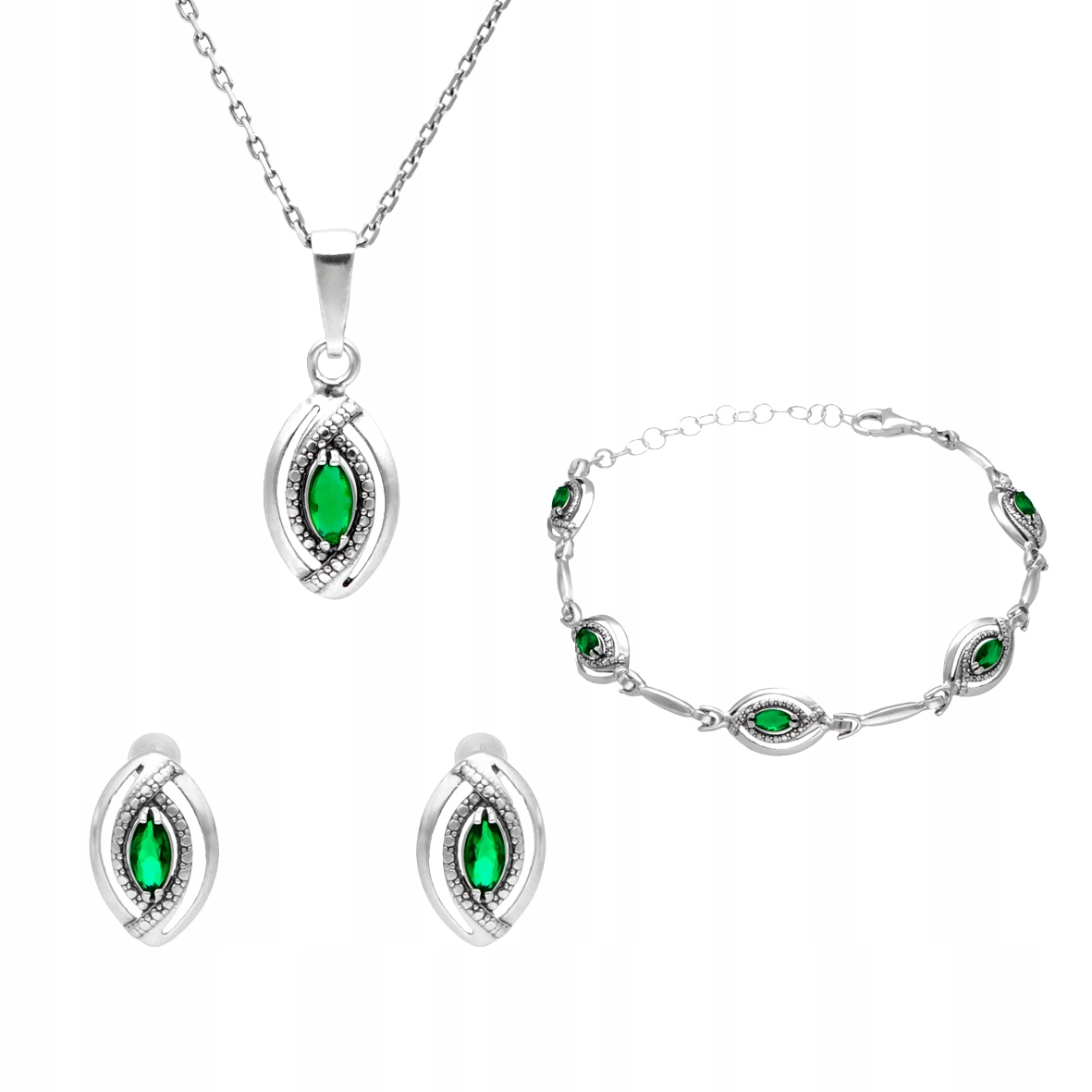 Komplet slziček se zelenými zirkony stříbro