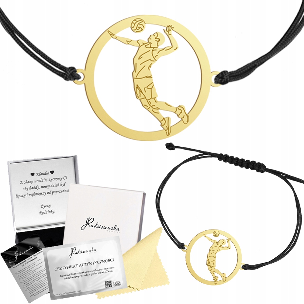 Zlatý náramek Volejbalista Stříbro 925 Gravírování Narozeniny Šňůra