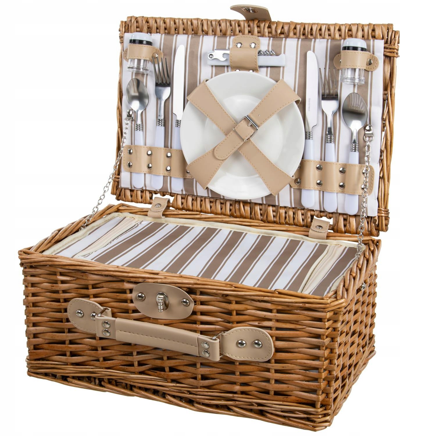 Piknikový koš pro 2 osoby, hnědý, s příslušenstvím, béžová tkanina