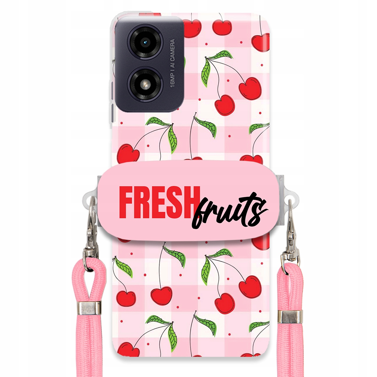 Puzdro na Motorola G04 držiak na šnúrku ruží Fresh Fruits Mriežka Ovocie