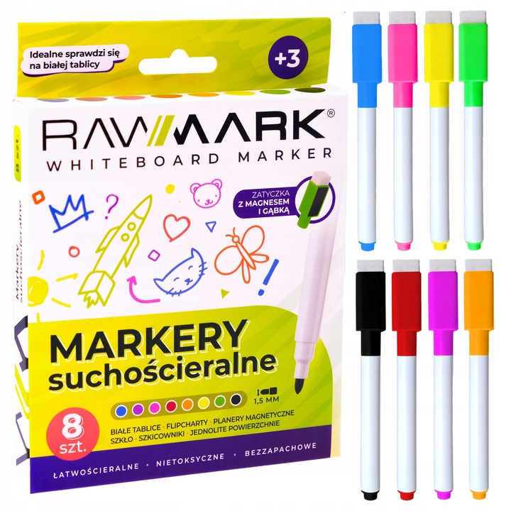 PLANER MAGNETYCZNY markery suchościeralne RAWMARK 8 szt. gąbka do tablic Materiał inny