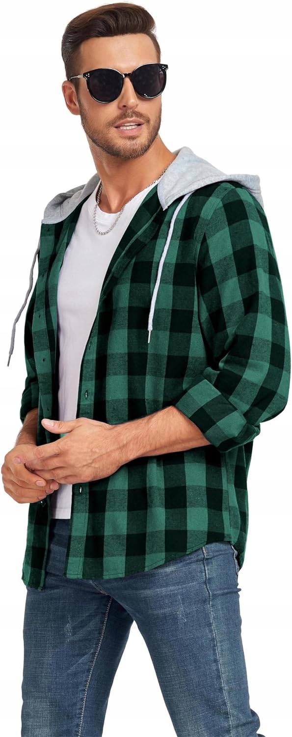 KOSZULA FLANELOWA MĘSKA DŁUGA Z KAPTUREM W KRATĘ L Kod producenta X