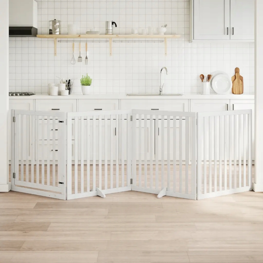 Levně Zábrana pro psy s dvířky skládací 4 panely bílá 320 cm topol