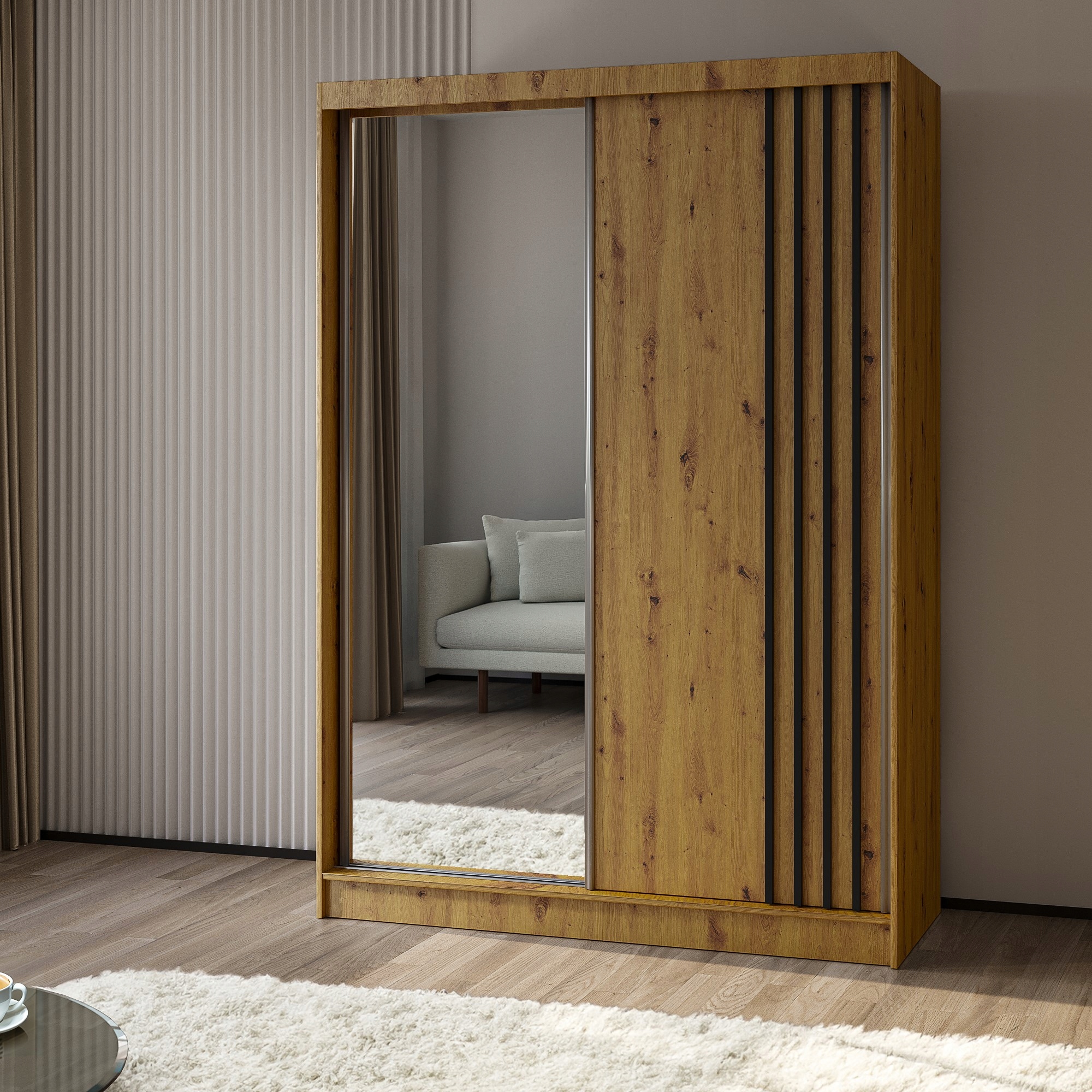 Skříň Nelvia 150 cm Skříň se zrcadlem Posuvná dub artisan