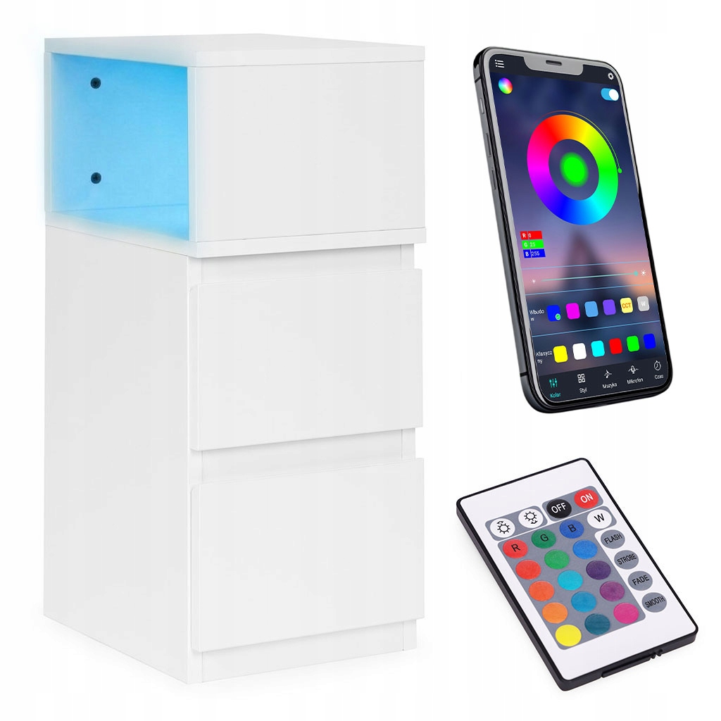 Noční stolek Led do ložnice, skříňka se 2 zásuvkami, bílá, ModernHome