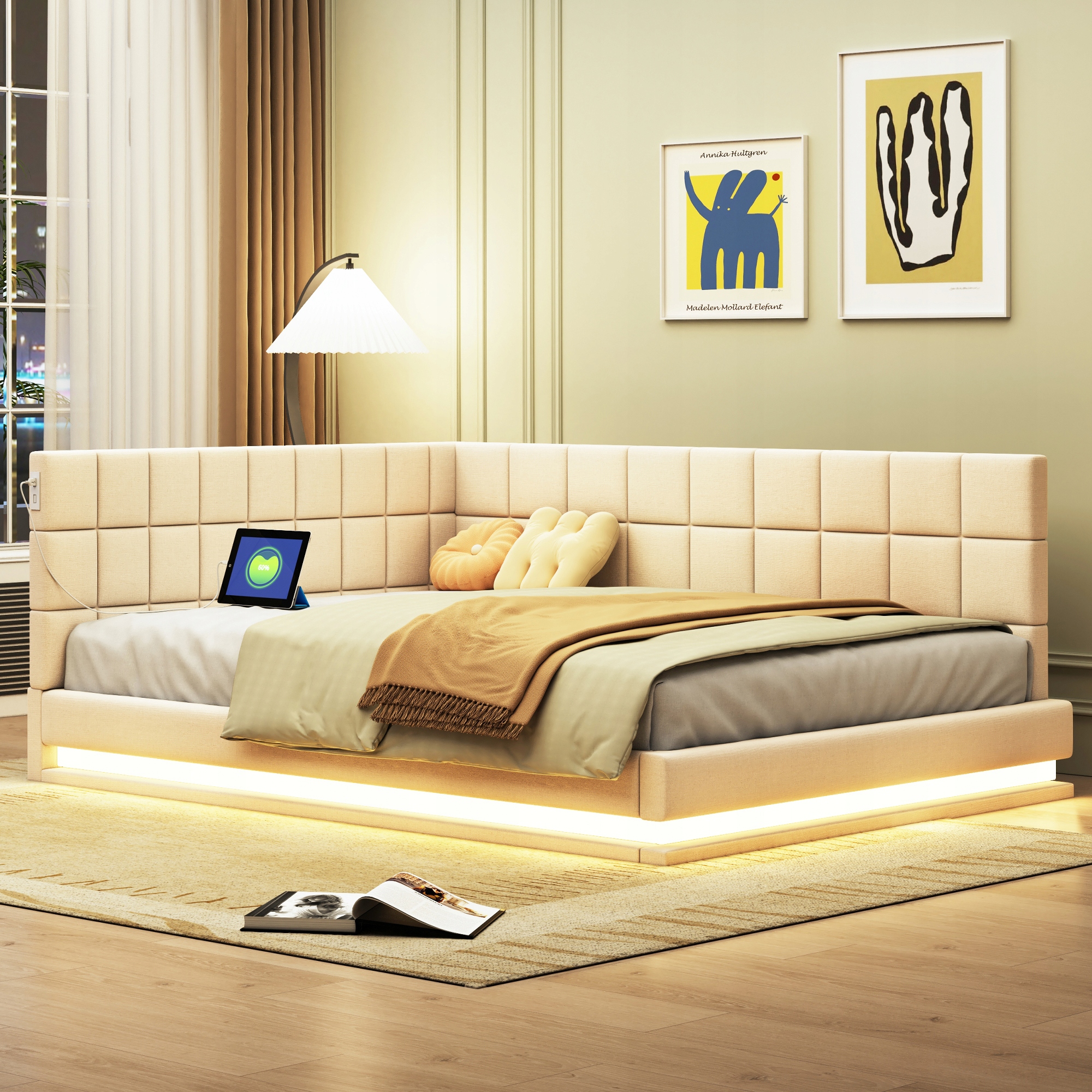 Čalouněná rozkládací pohovka 140x200 s manželskou postelí Led Usb, sametová béžová