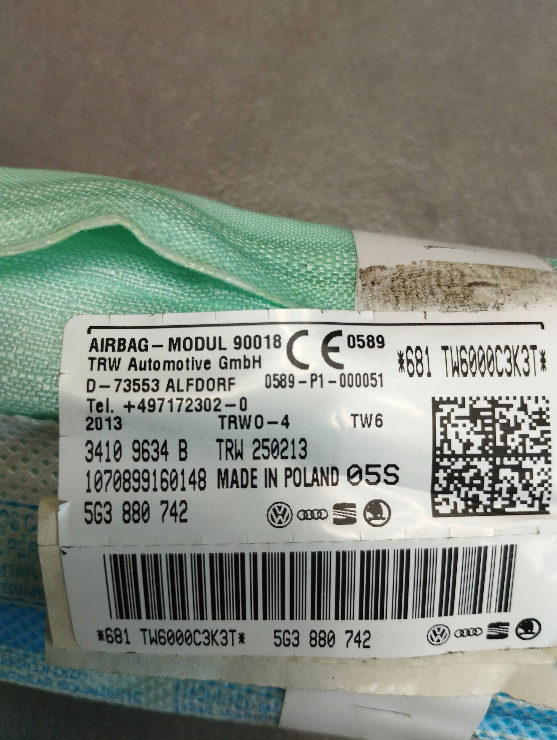 VW Golf VII Dachvorhang Airbag rechts 5G3880742