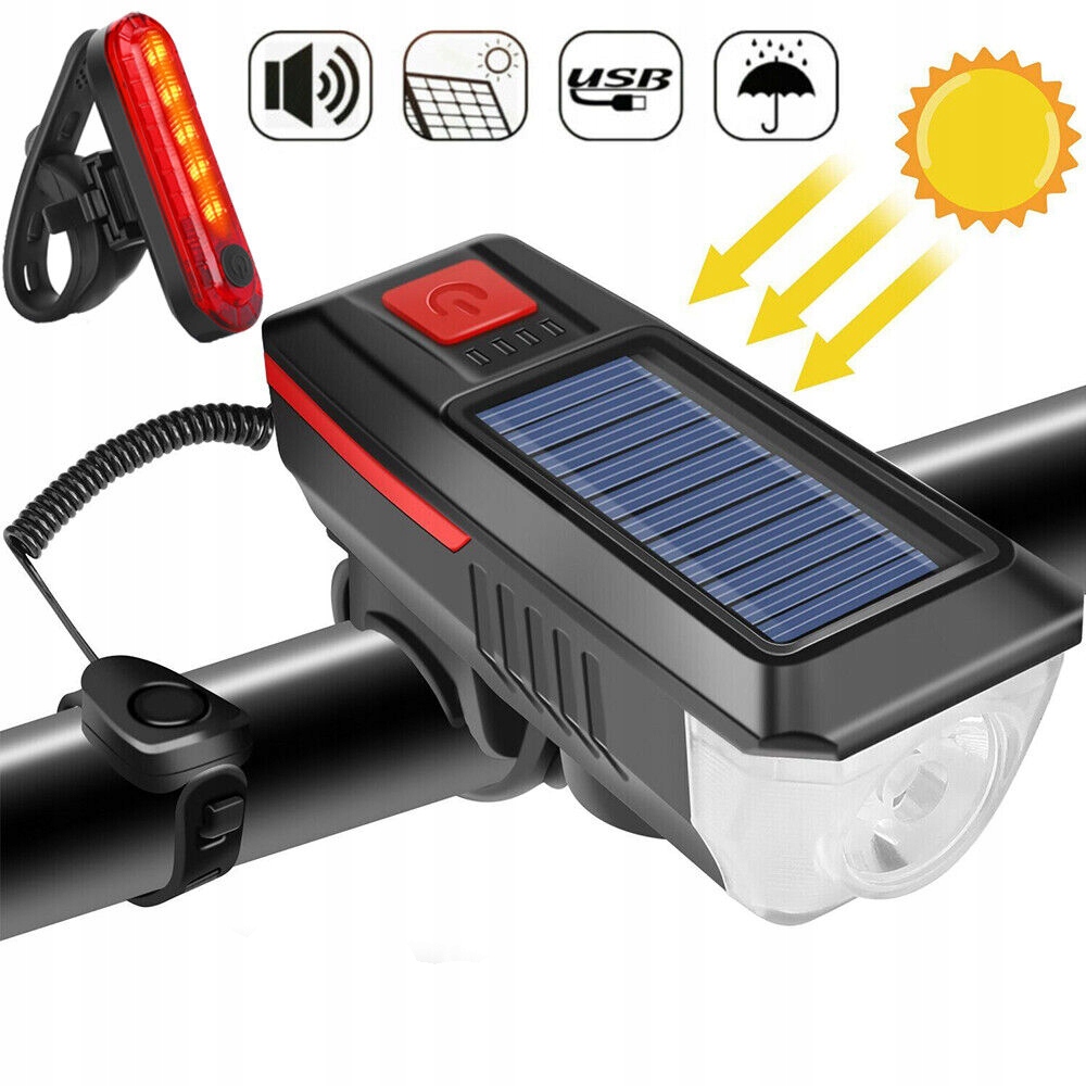 ZESTAW OŚWIETLENIA ROWEROWEGO LED, ŁADOWANIE SŁONECZNE, WODOODPORNA, 120DB EAN (GTIN) 0889328929831