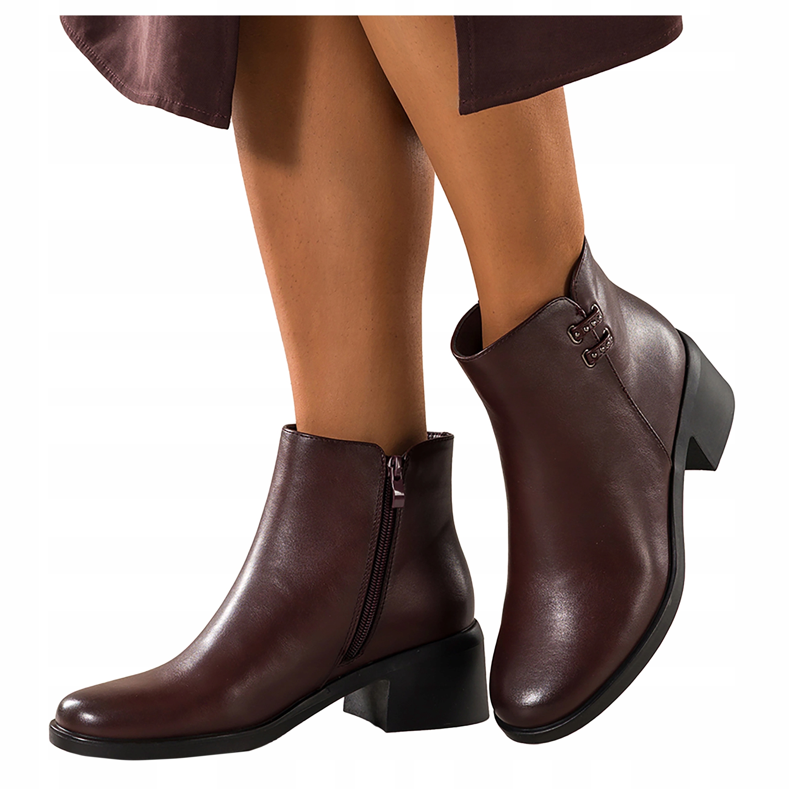 Kotníkové Boty Bordové Dámské Pohodlné Široký kotník Ozdobné pásky s Nýty vel. 36