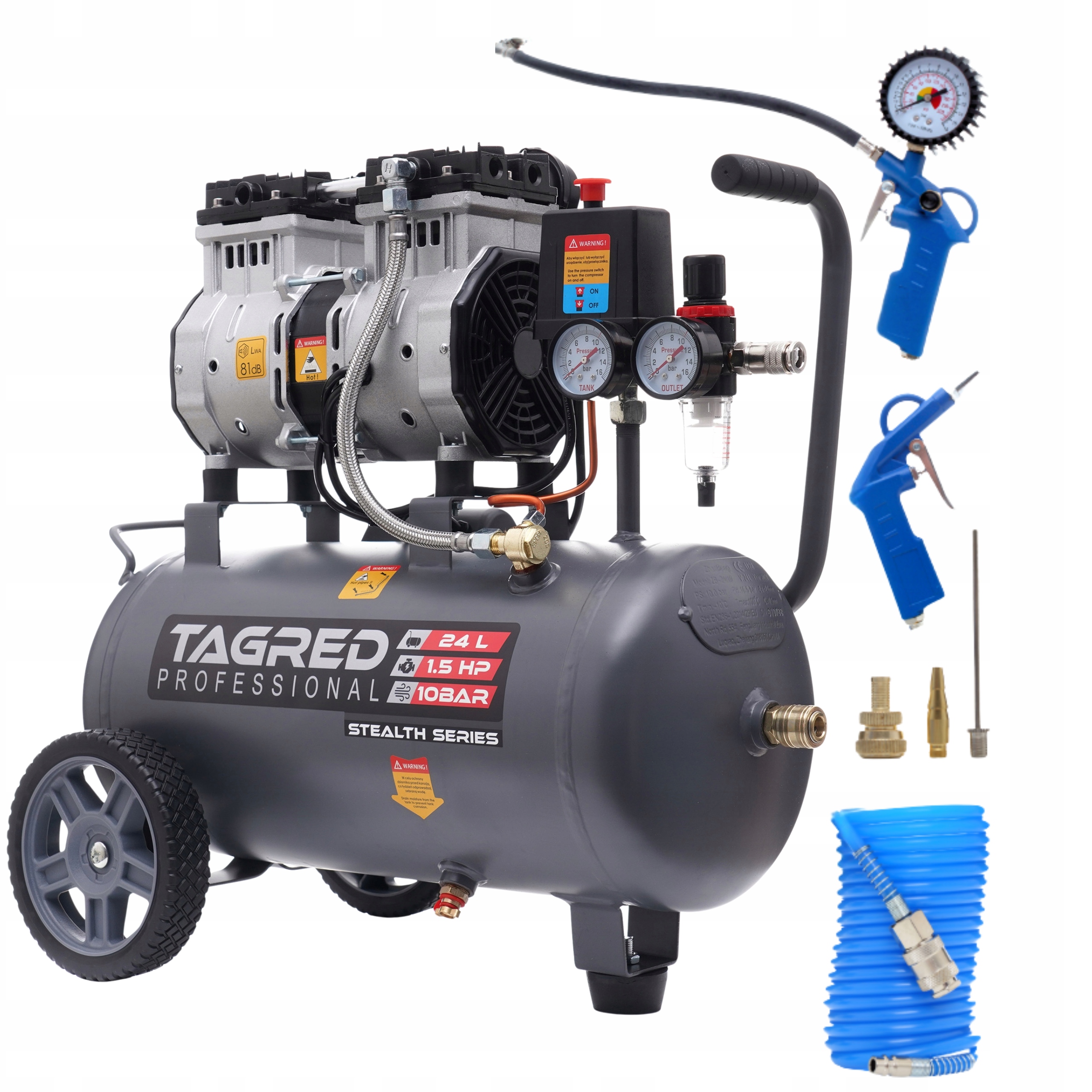 SPRĘŻARKA KOMPRESOR BEZOLEJOWY 24L R2 10 BAR CICHY + ZESTAW 6w1