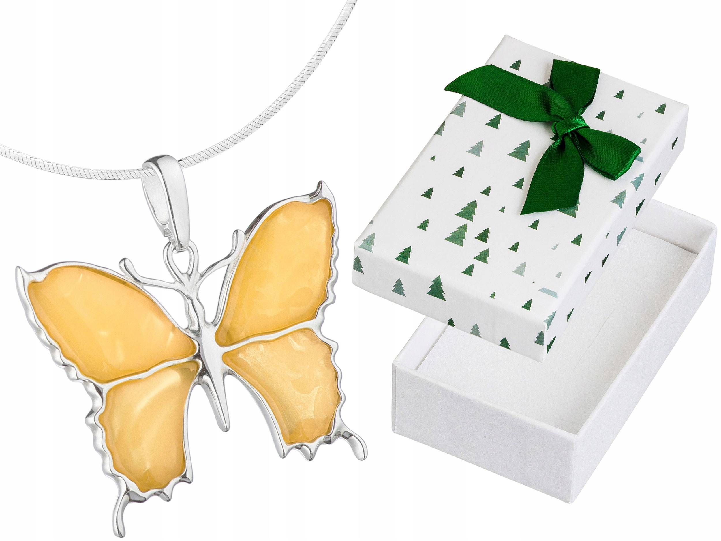 Velký stříbrný náhrdelník Motýl s jantarem Stříbro Mléčný jantar Dlouhý 90