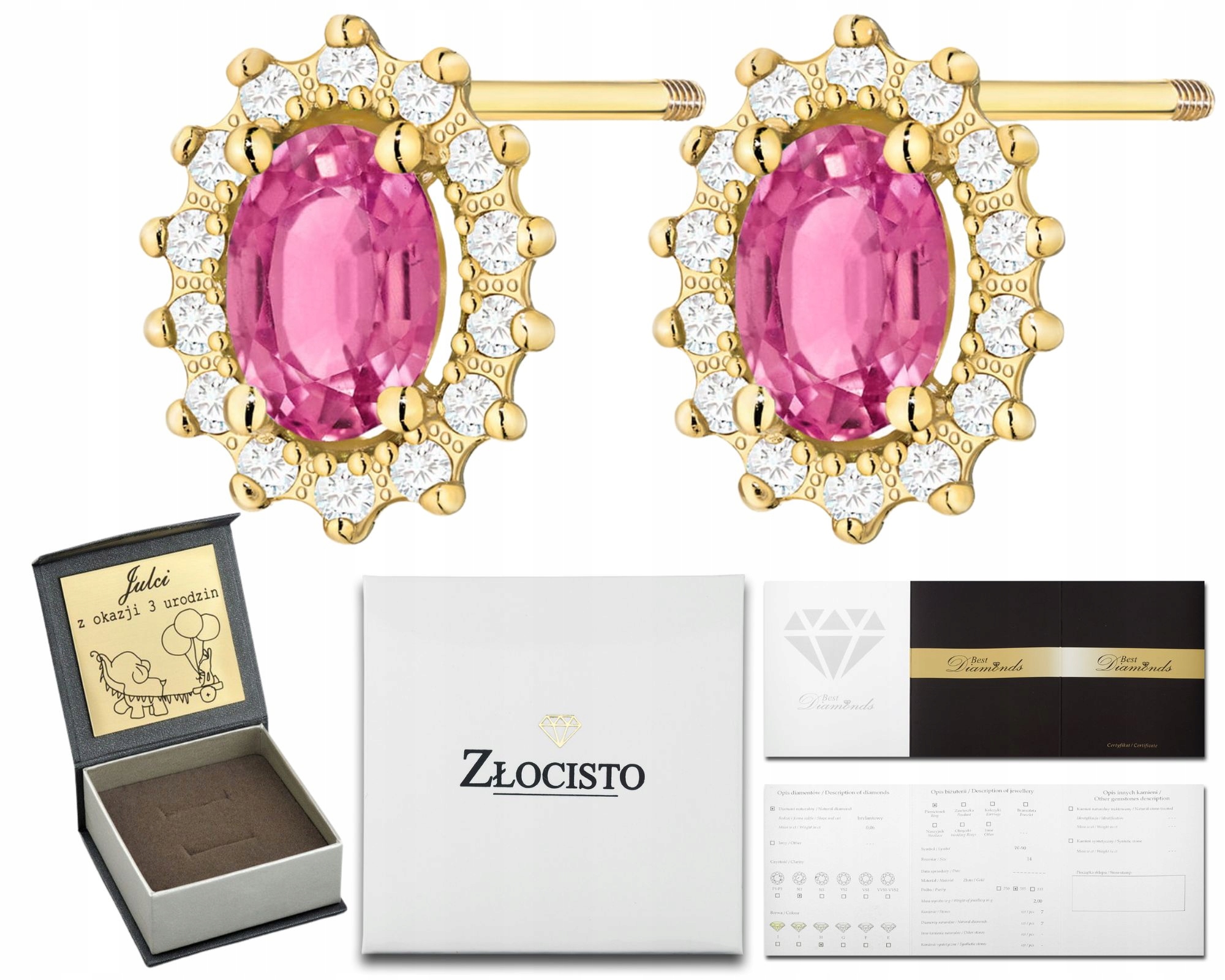 Zlaté Náušnice Růžový Topaz Brilianty Zlato 585 Šroubovací Tyčinka Jako Dárek