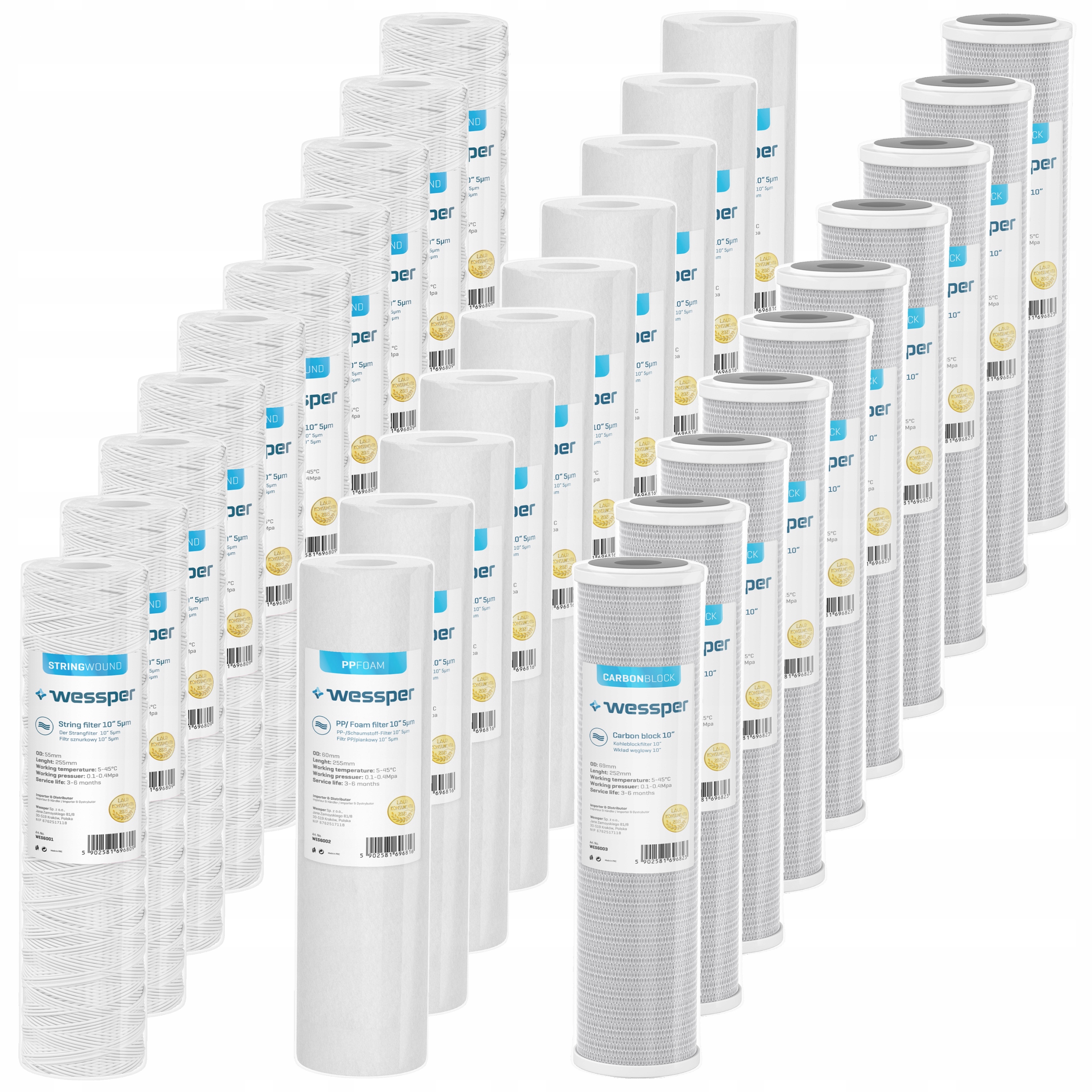 Filtr na vodu uhlíkový pěnový provázkový 10" 5 mikronů PP5 30 ks