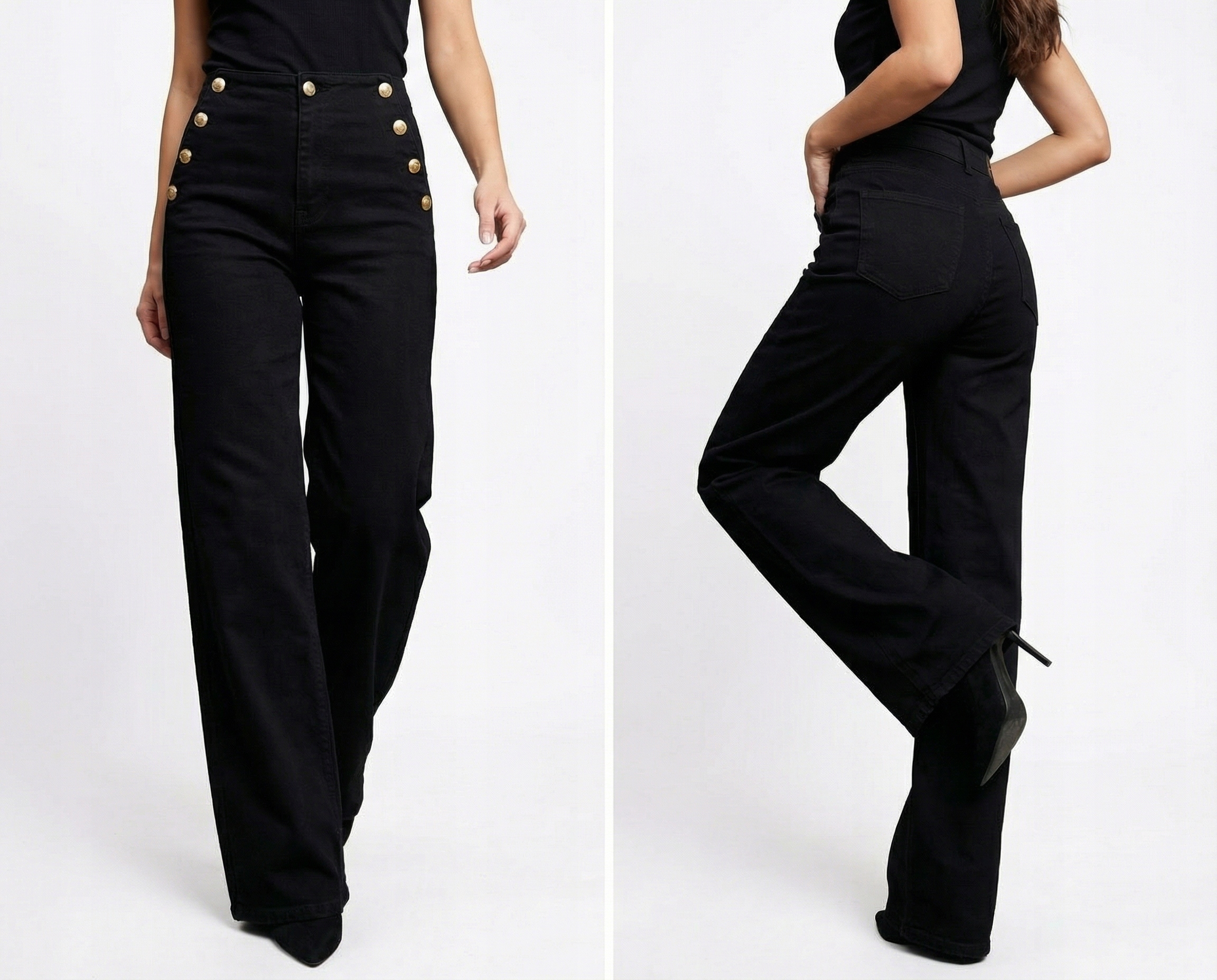 Spodnie Damskie Jeansy Dzwony Szerokie Wide Leg Guziki Czarne L