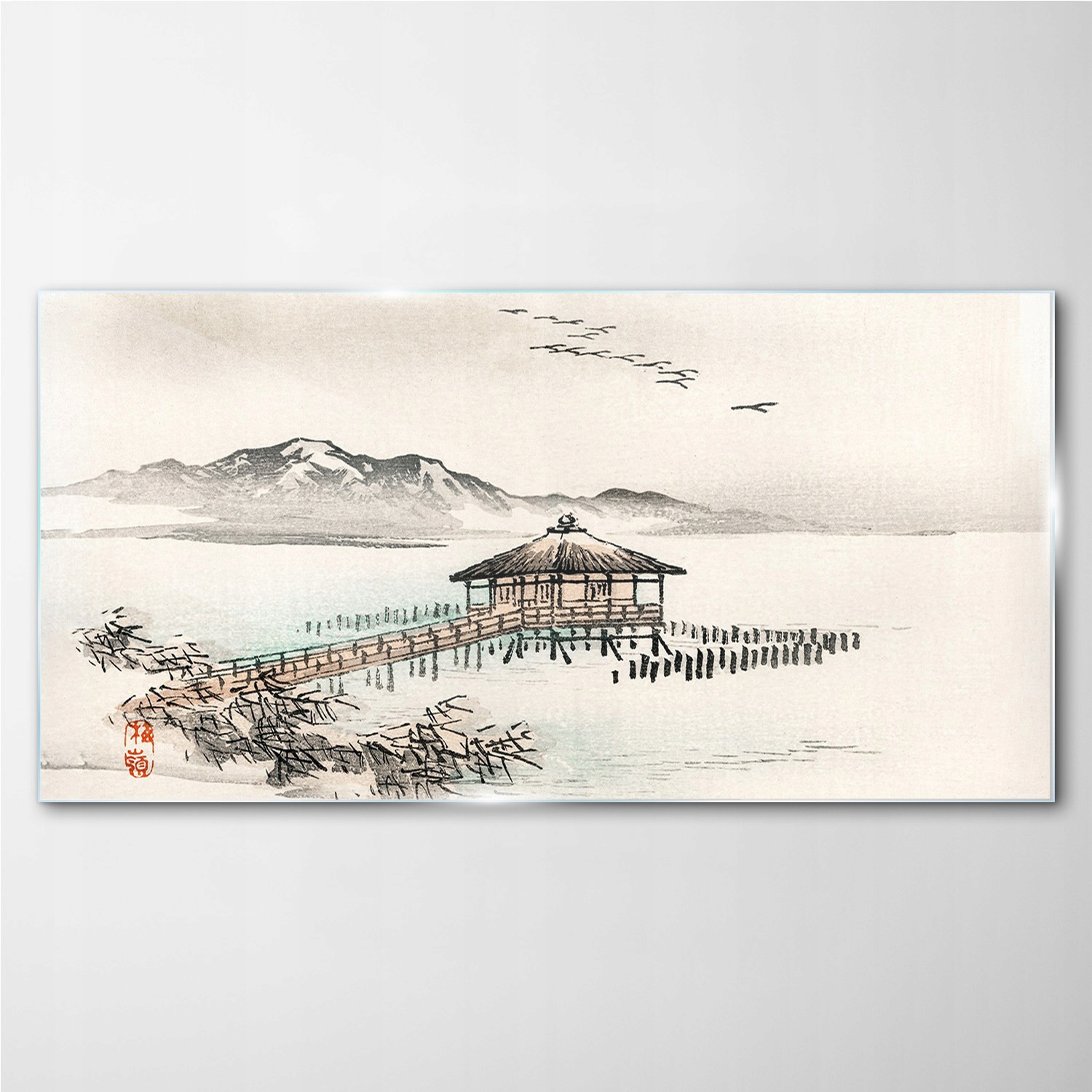

Szklany obraz Jezioro chata góry ptaki 140x70 cm
