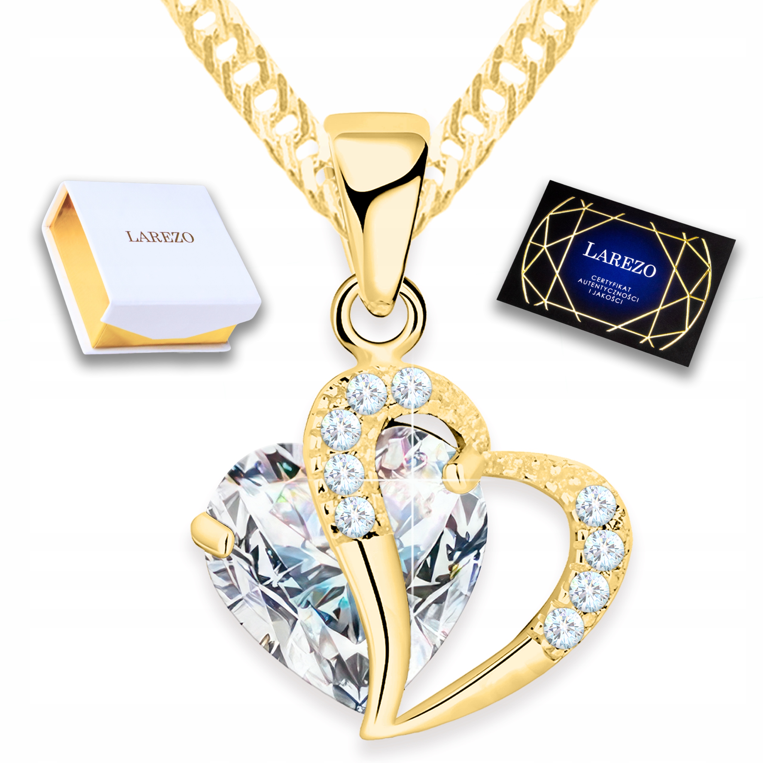 Náhrdelník se srdcem 925 Bílé Srdíčko Velké Křišťálové Srdce Pozlacený 585