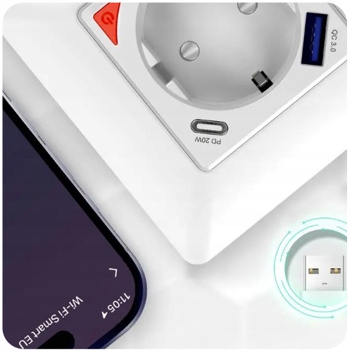 Gniazdko ścienne Kontakt USB USB-C 16A WiFi Tuya Typ gniazda Gniazdo