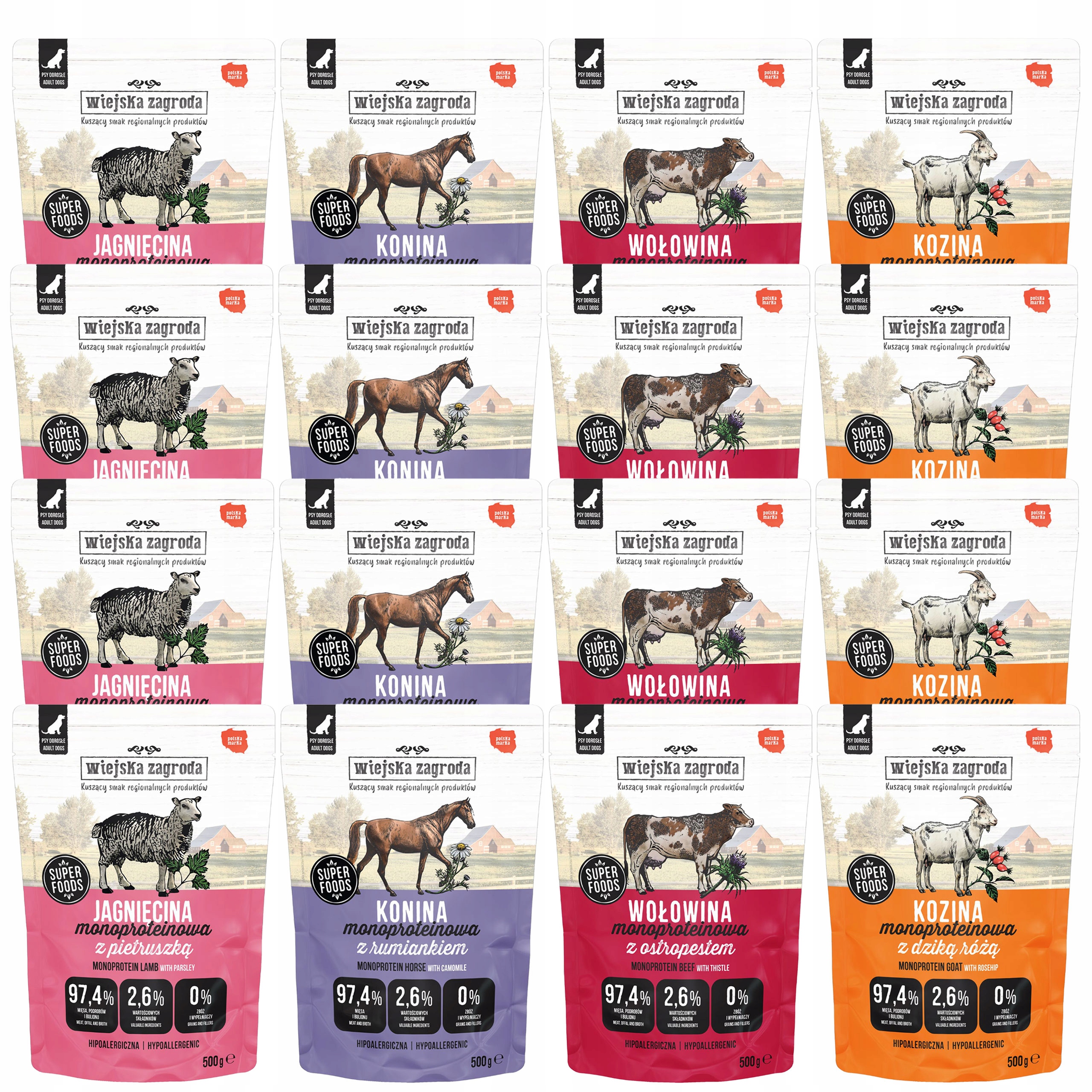 Levně Wiejska Zagroda Monoproteinové vlhké krmivo pro psy mix chutí 16 x 500 g