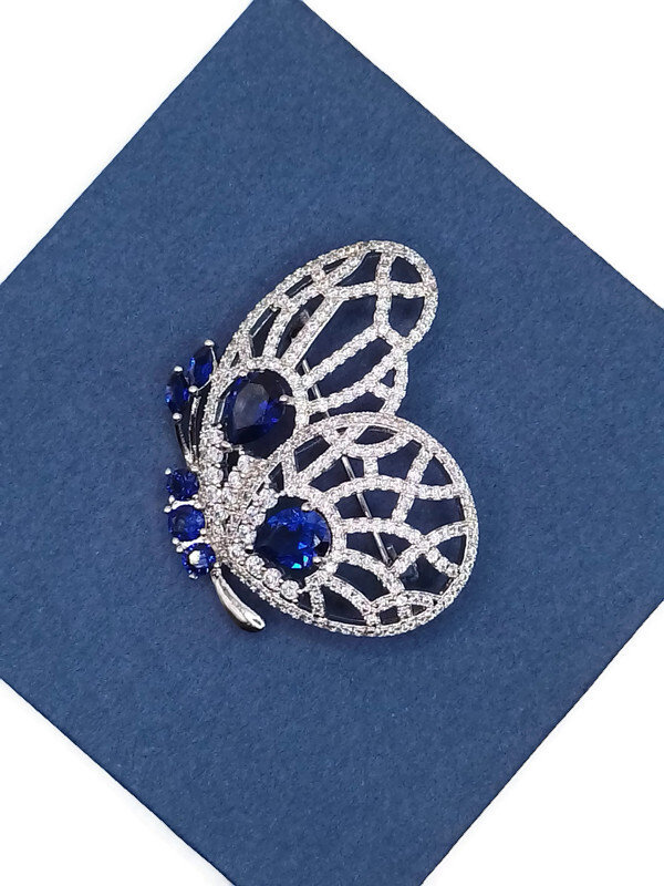 Luxusní Brož Motýl Kobalt Stříbrná Rod Krabička Na Dárek