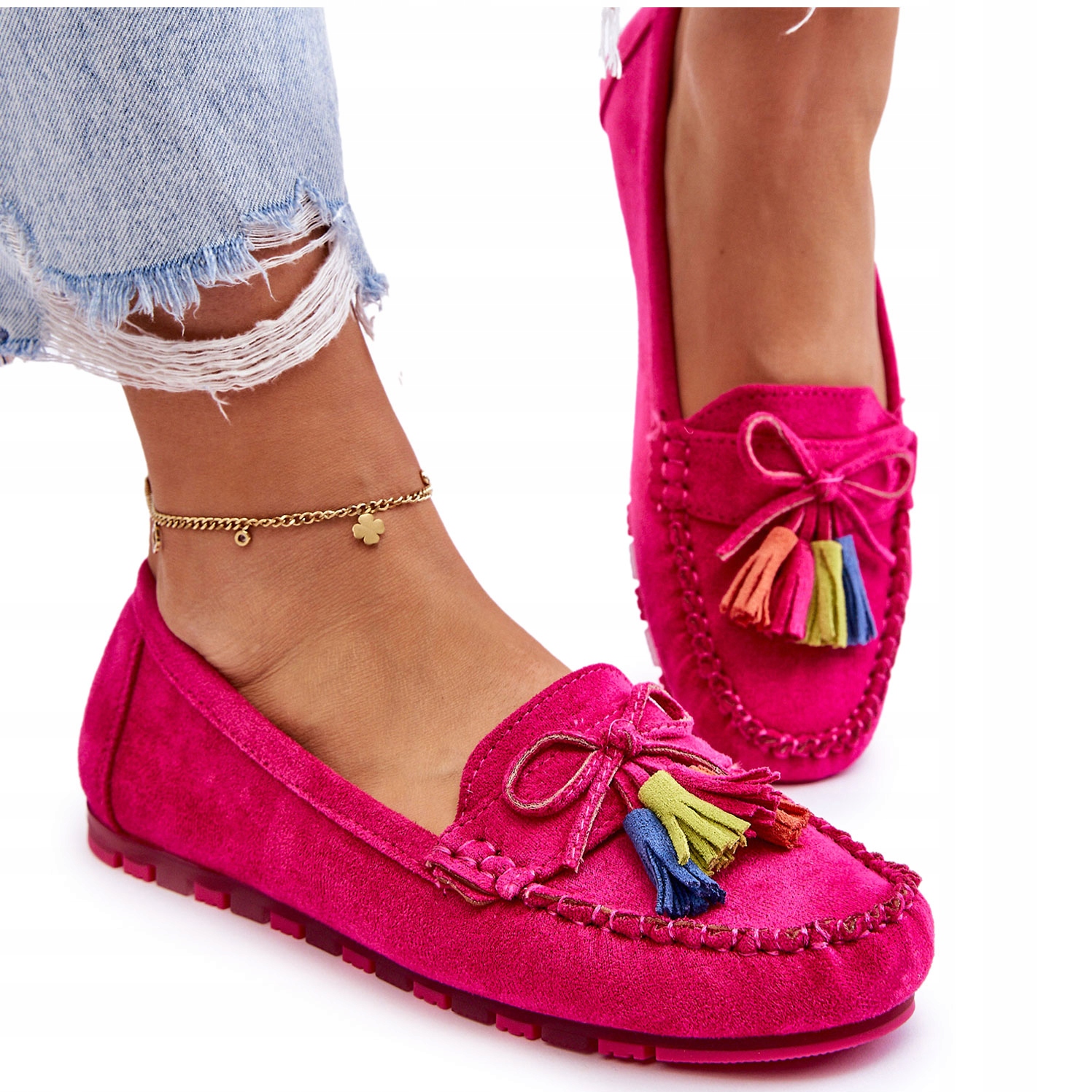 MOKASYNY ZAMSZOWE Z KOKARDĄ I FRĘDZLAMI FUKSJA 39