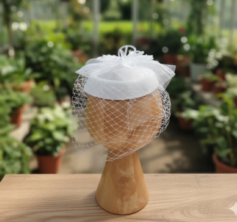 Fascinátor malý soustruh bílý tyl voálka květina svatba party zasedání