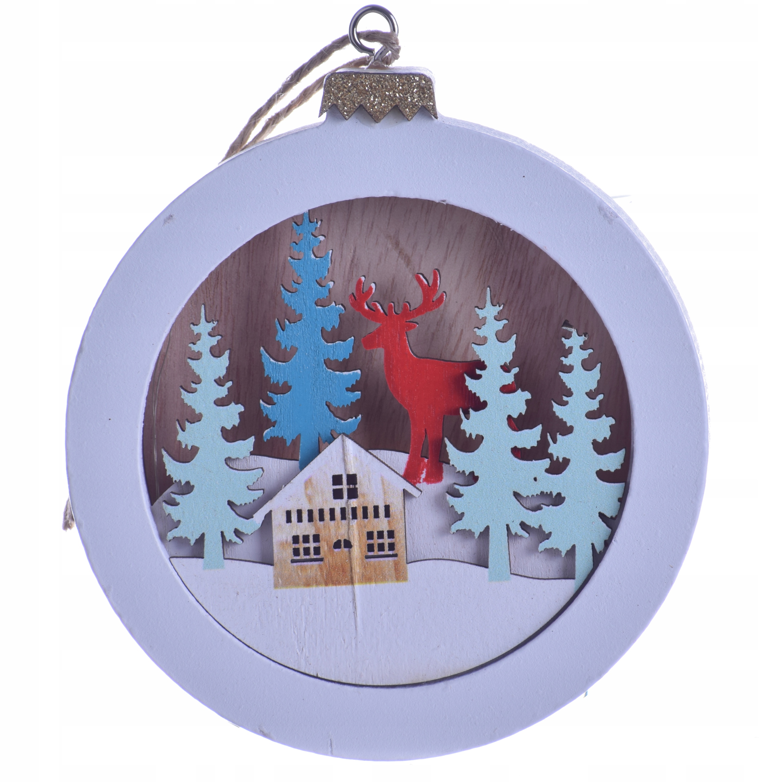 Witraż stroik LED drewniany bombka biała Renifer