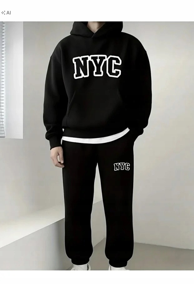 Černý Teplákovka Komplet S Kapucí A Sportovní Nášivkou Nyc 4XL 5IA