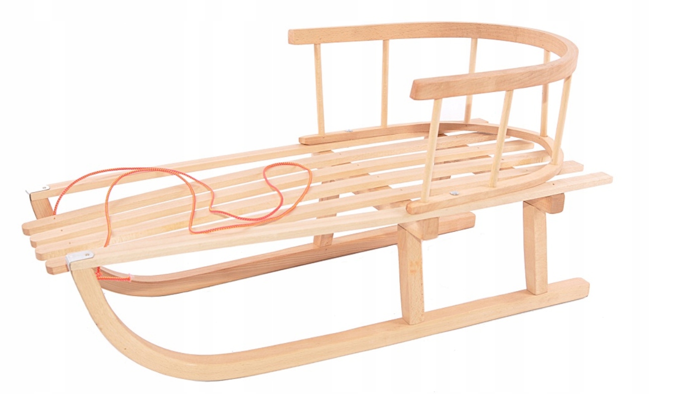 Sanki drewniane z oparciem, bukowe, Polskie, nowe, Długość 90 cm