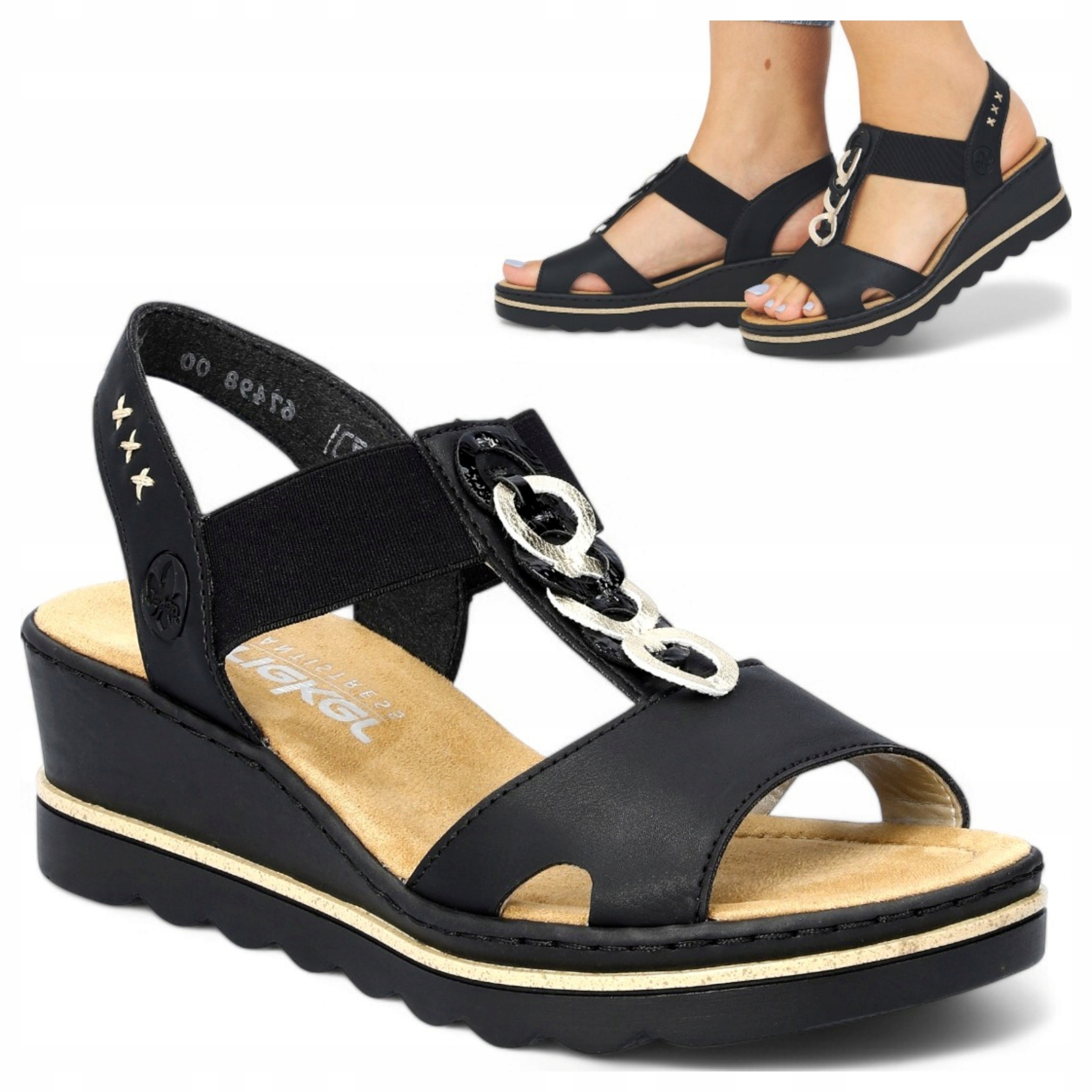 Elegantní dámské sandály na klínku 39 Rieker Nazouvací, pohodlné, černé