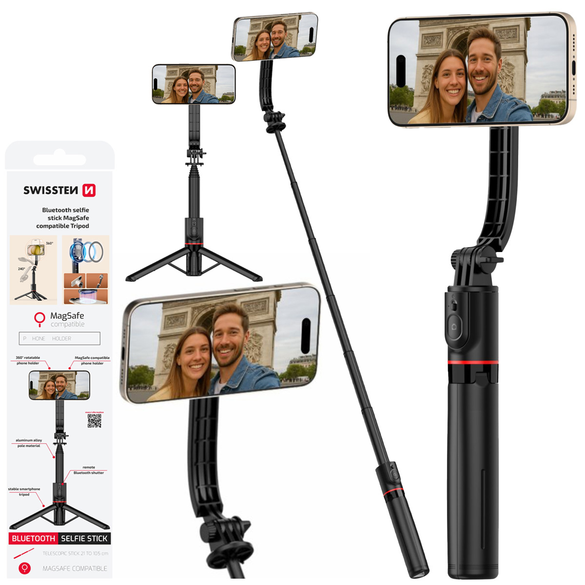 SWISSTEN Bluetooth Selfie Stick Uchwyt Tripod MagSafe czarny