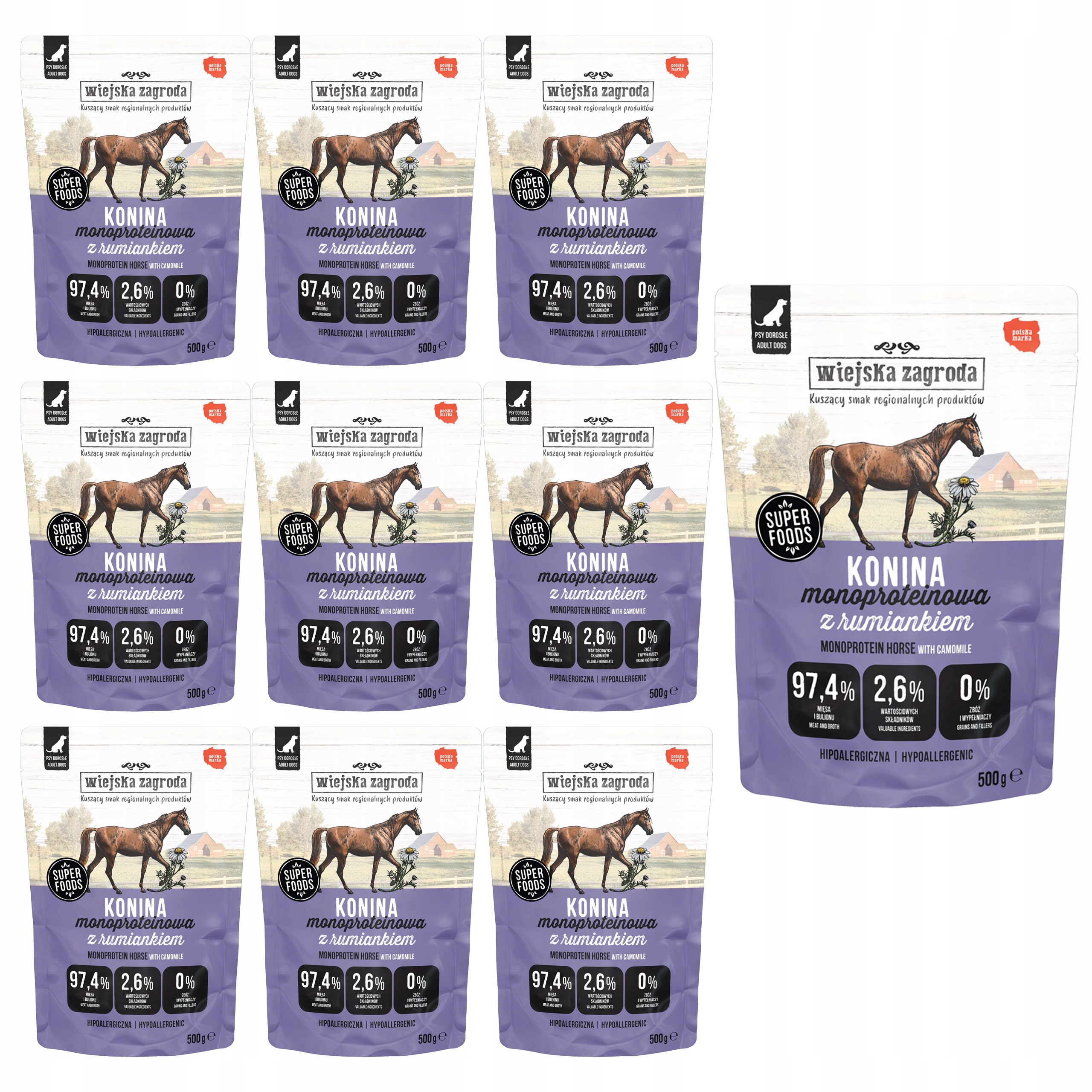 Wiejska Zagroda Mono vlhké krmivo pro psy Konina s heřmánkem 10 x 500 g