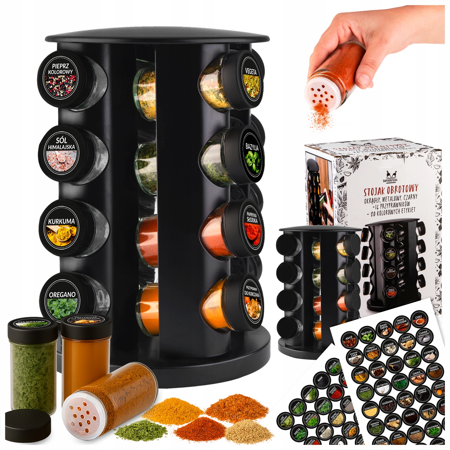16 x Sklenice Na Koření Bylinky Sůl Kořenící Otočný Stojan Samolepky