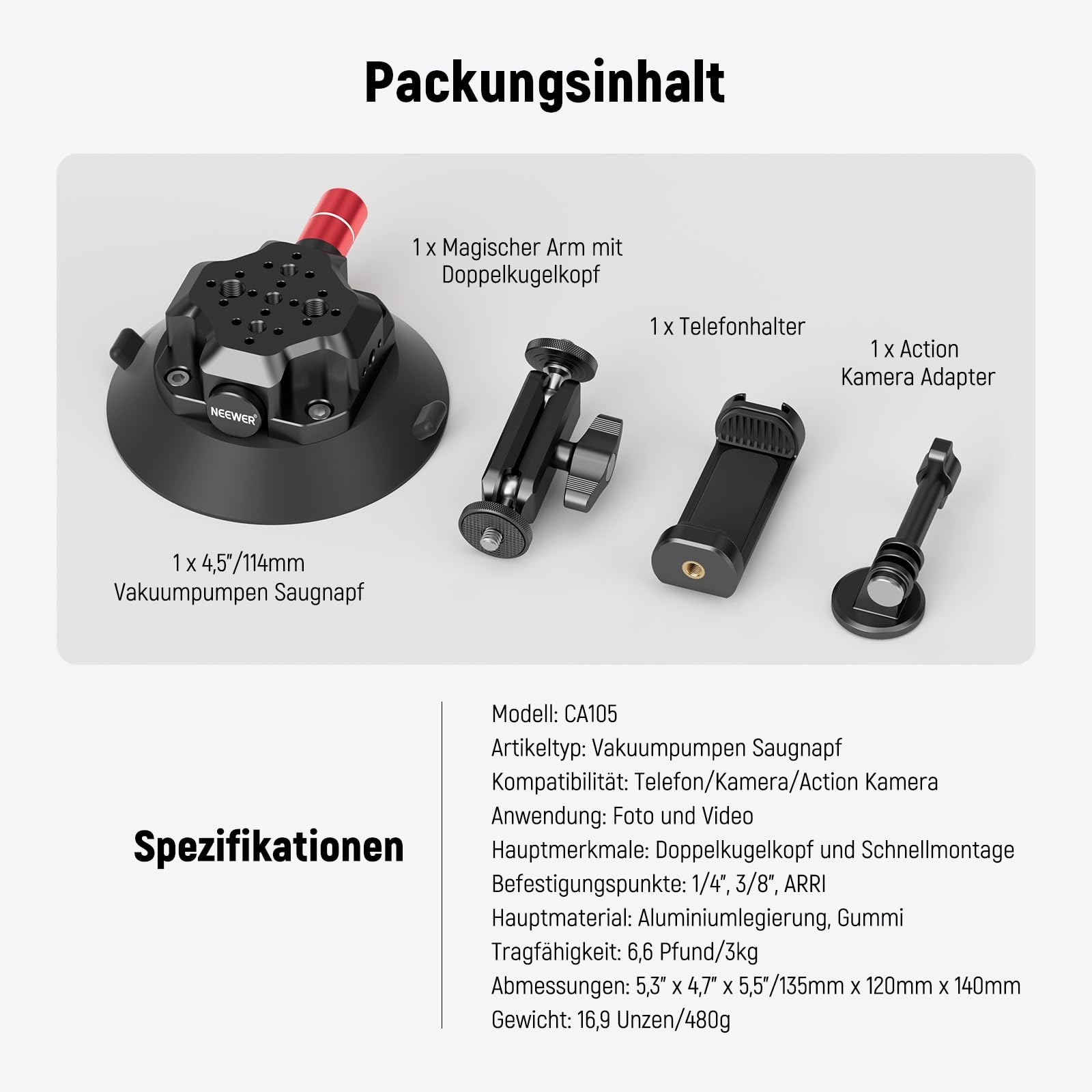 NEEWER Uchwyt Kamery 4,5" z Przyssawką i Magicznym Ramieniem — miniatura 7