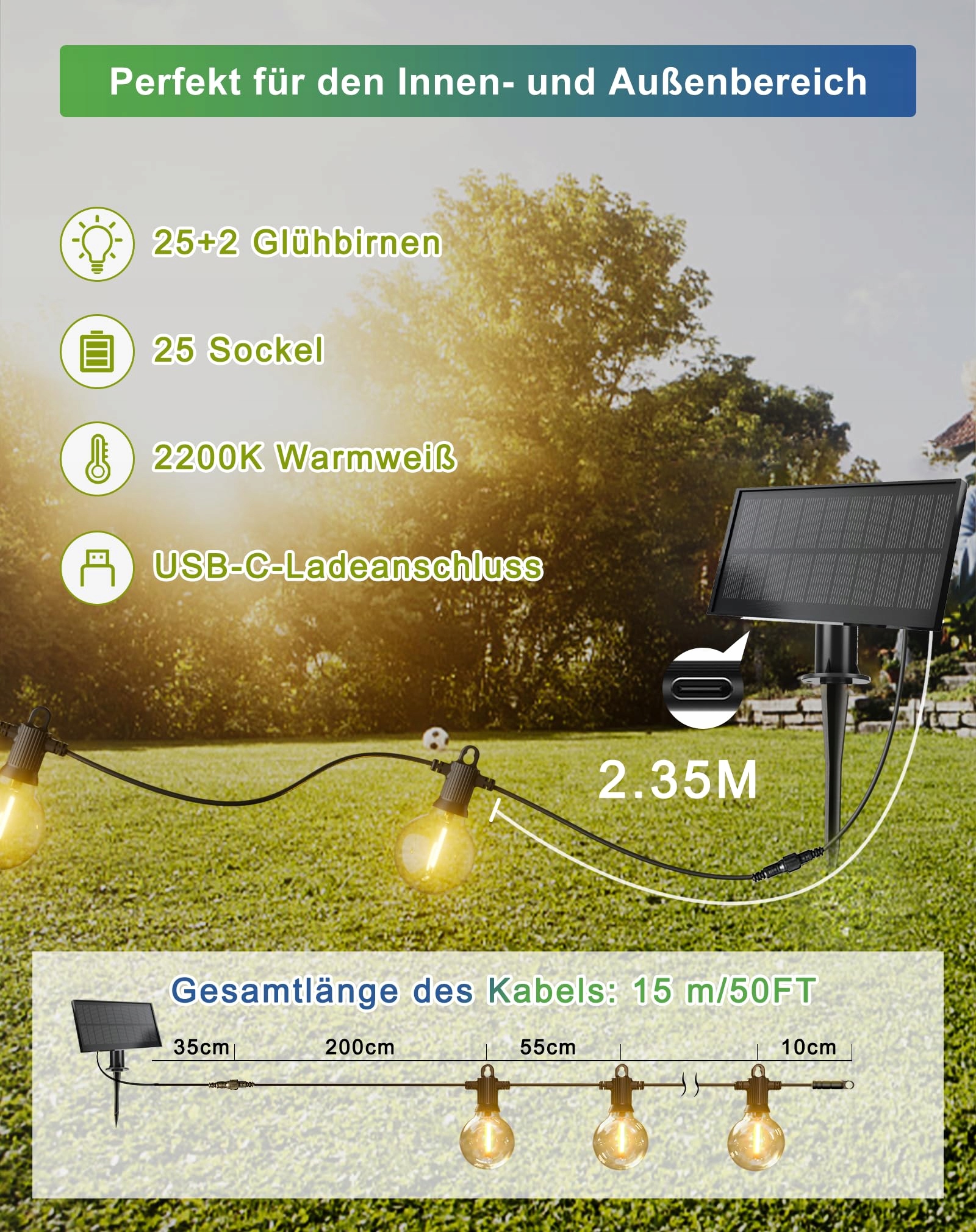 ZUSKE Solarna Girlanda Zewnętrzna 15M 25+2 Ciepłe G40 IP65 Ogród Balkon — miniatura 5