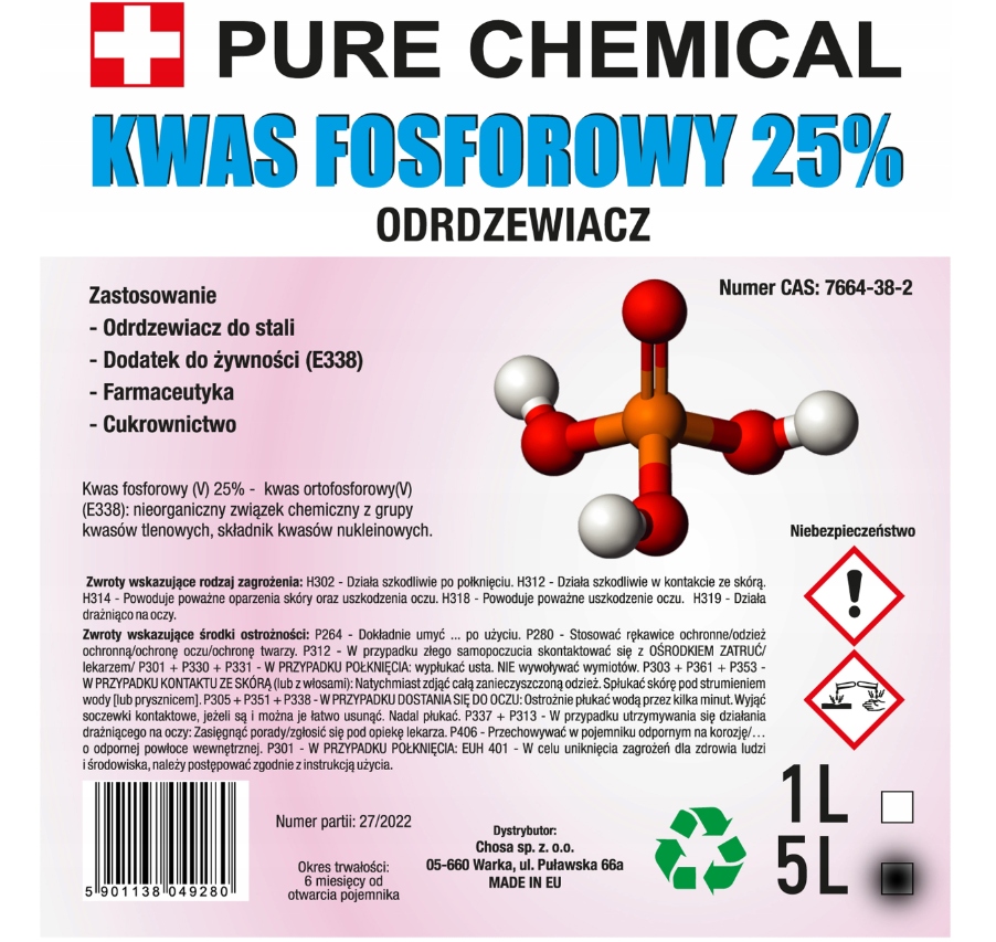 ODRDZEWIACZ DO STALII I ZELIWA KWAS FOSFOROWY 5L Marka inna