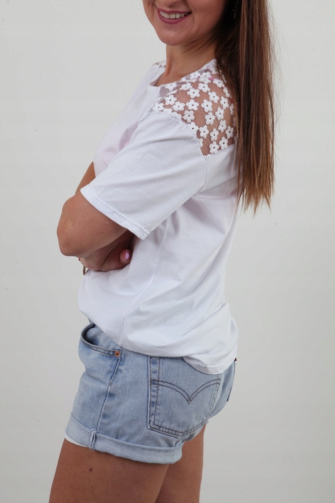 MODNA BLUZKA GŁADKA RĘKAW KORONKA KWIATKI MIX M/L Wzór dominujący bez wzoru