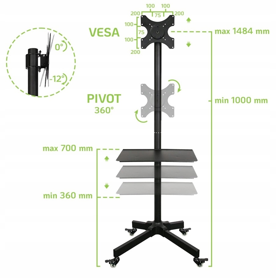Techly Stojak Mobilny TV 19-37" Regulowany z Półką Model ICA-TR20