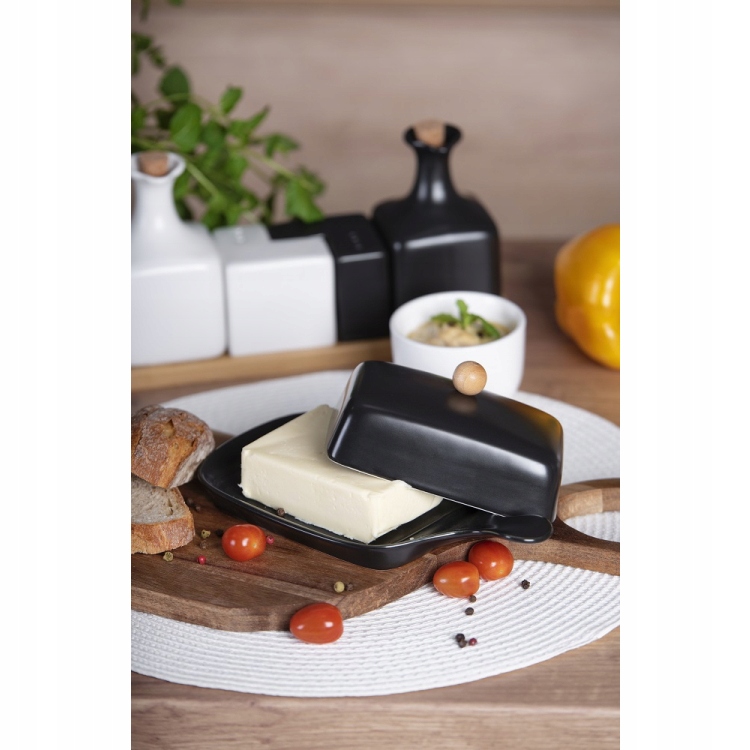 CZARNA MASELNICA MASELNICZKA Z POKRYWKĄ Z RĄCZKĄ POJEMNIK + NOŻ DO MASŁA Materiał ceramika