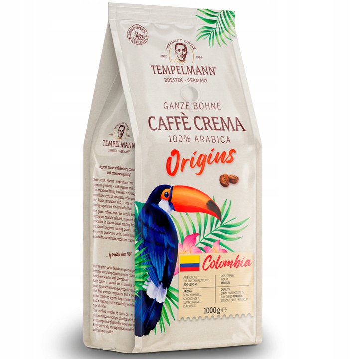 Levně Káva zrnková Tempelmann Origins Colombia Arabica Caffe Crema 1000g