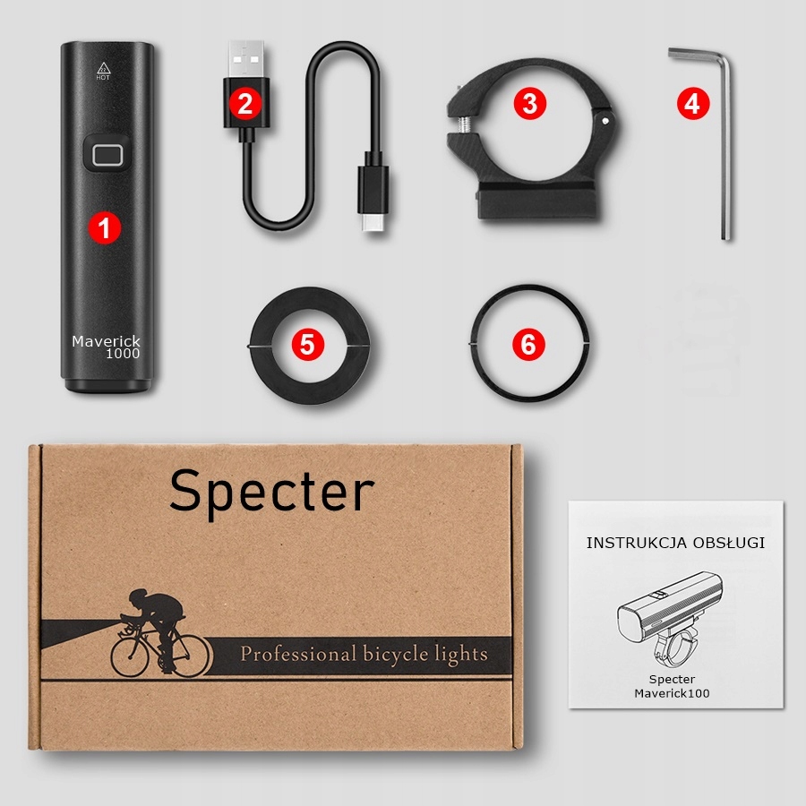 LAMPKA ROWEROWA OŚWIETLENIE ZESTAW SPECTER MAVERICK1000 lm = TYŁ 120lm Rodzaj zestaw