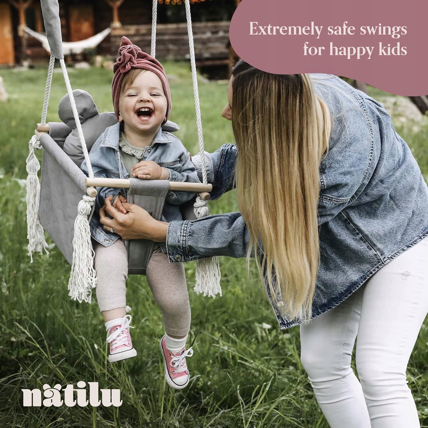 HUŚTAWKA DLA DZIECI Z PASEM BEZPIECZEŃSTWA I HAKAMI HUŚTWAKA NA DRZWI OGRÓD Szerokość produktu 34 cm