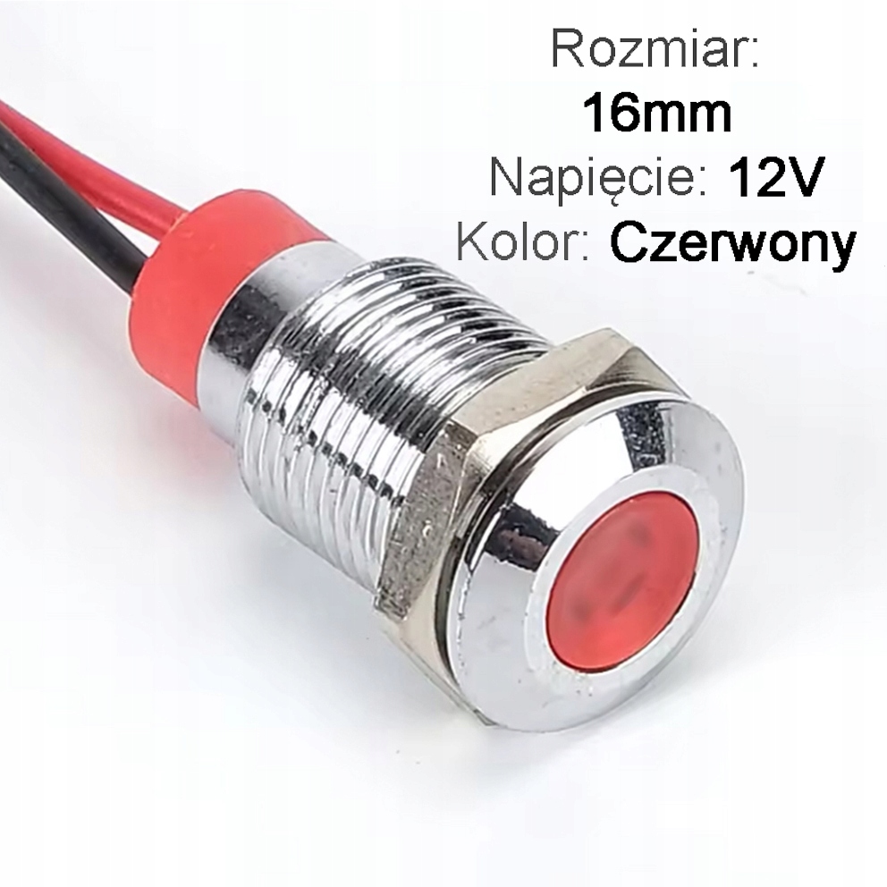 Lampka kontrolna deski rozdzielczej sygnalizacyjna Led 16mm 12V Czerwona
