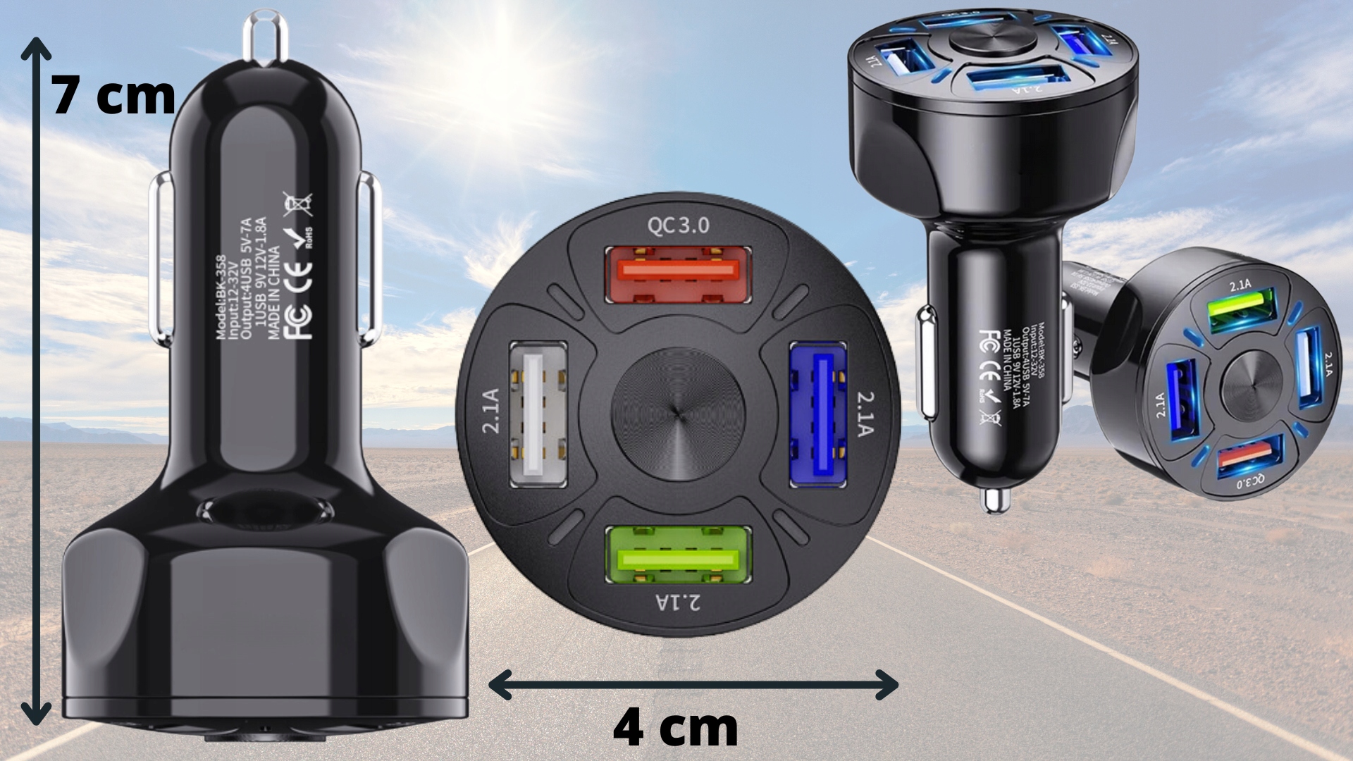 ŁADOWARKA DO ŁADOWANIA SAMOCHODOWA DO AUTA SAMOCHODU 4XUSB QC3.0 KABEL 3W1 Złącza microUSB typ B USB typ C Apple Lightning