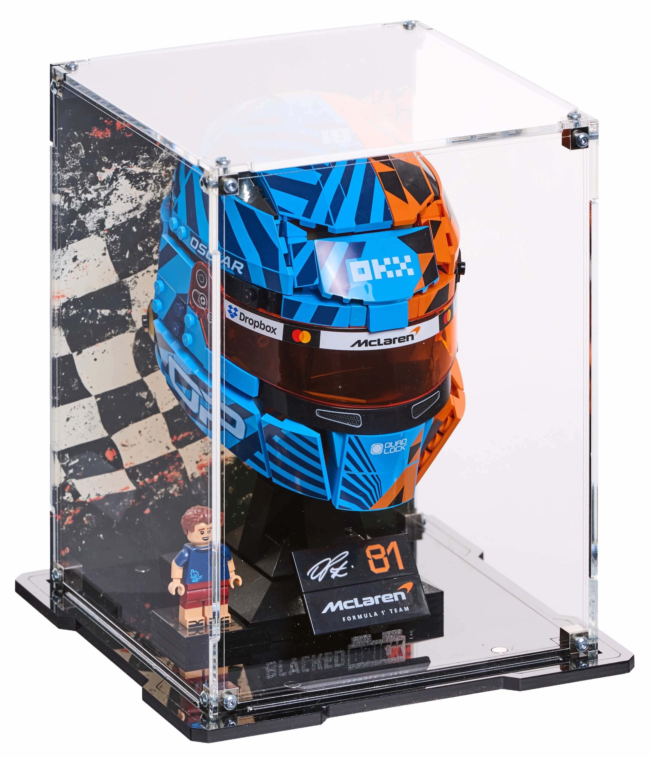 Vitrína s pozadím Blacked Brick pro Lego 43017 Oscarová přilba Piastri McLaren F1