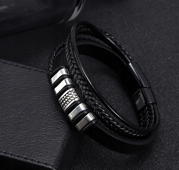 ELEGANCKA BRANSOLETKA MĘSKA SKÓRZANA ELITE stal 316L czarna M57 PUDEŁKO EAN (GTIN) 5906088502779