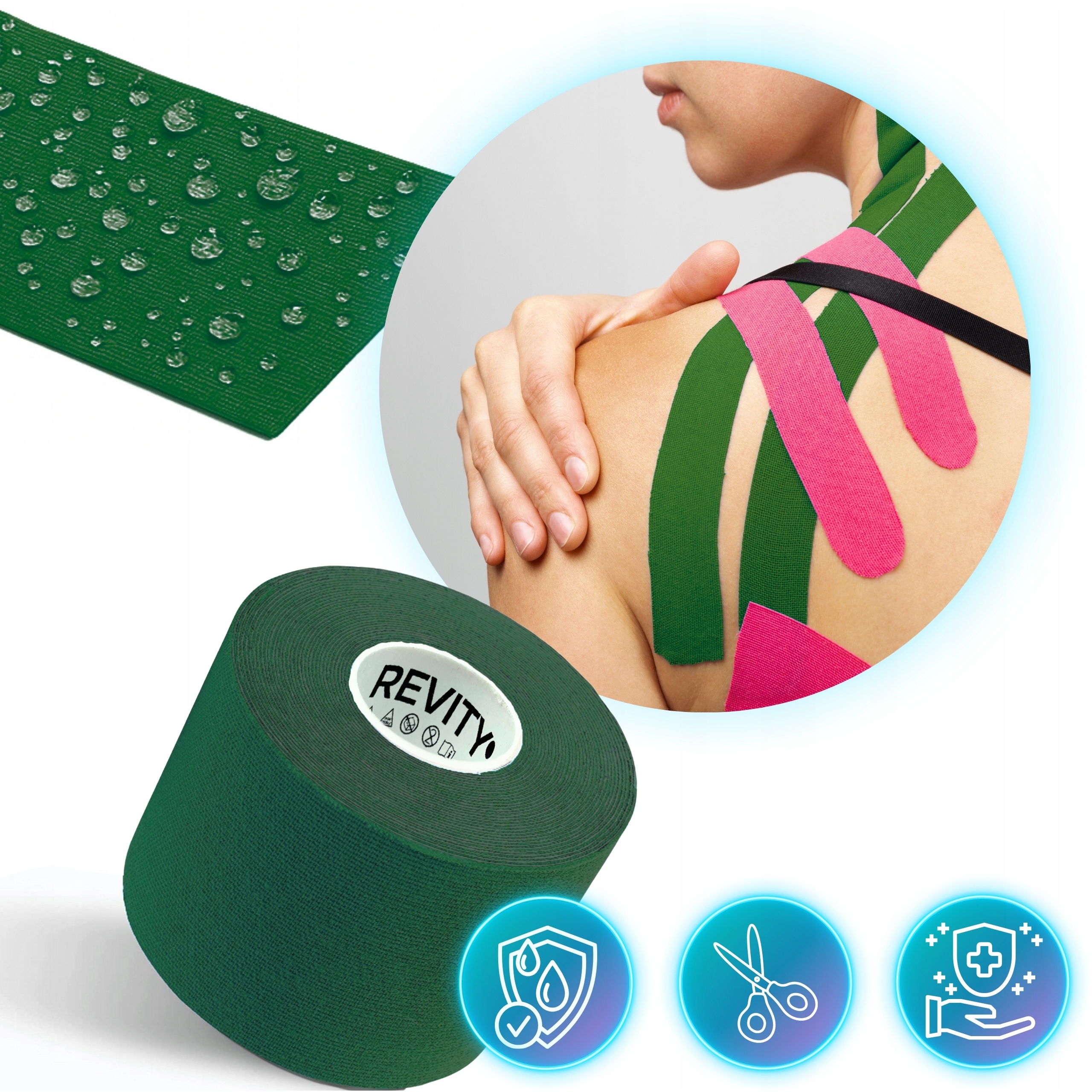TAŚMA KINEZJOLOGICZNA KINESIO 5m PROFESJONALNE TEJPY MEDYCZNE DO TAPINGU Marka Revity